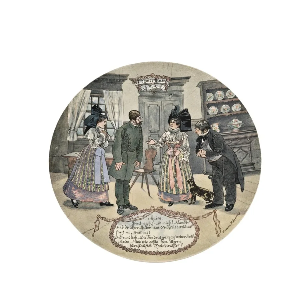 ANTIQUE SARREGUEMINES DR BERR MAIRE COMEDY PLATE BY FREDERIC RIGAMAY 8.75
